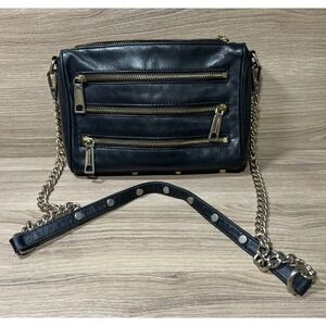Rebecca Minkoff Black Leather Studded Chain Crossbody Shoulder Bag Gold Tone